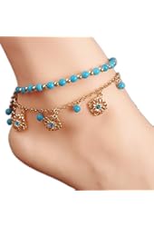 BeOne&reg;2015 New Unique Bohemia Two Piece Flower Charm Tassel Chain Turquoise Beads Sandal Anklet