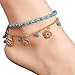 BeOne2015 New Unique Bohemia Two Piece Flower Charm Tassel Chain Turquoise Beads Sandal Anklet
