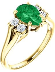 14K Yellow Gold 9.00x6.00mm Pear Cut Chatham Created Emerald and Diamond Ring -- LIFETIME WARRANTY