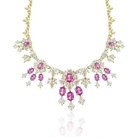 Vermeil (24K Gold over Sterling Silver) Simulated Diamond & Dark Pink cz Stone WaterFall Estate Necklace
