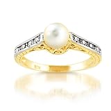 White Isle 14k Two-Tone Gold Filigree Solitaire White Cultured Pearl Ring With Diamond Accents
