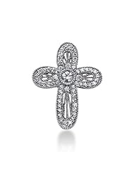 14K White Gold Round Diamond Pave & Burnish Set Milgrain Antique Cross Pendant (1.15ct)