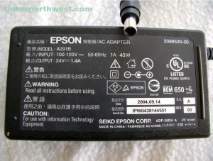 Epson A291B 24v 1.4a ac adapter AC Input: 100-240V~1A, 50 60Hz, 43W. DC Output: 24V, 1.4A.