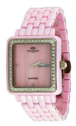 Oniss #ON7700-L Women's Rectangular Crystal Accented Bezel MOP Dial Pink Ceramic Watch