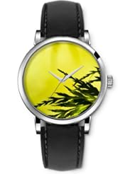 SPRAWL Aanalog Fashion Series Silver Ladies Watches of Genuine Black Leather Strap,Unique Wrist Watch for Women Girls Designed with Branches on yellow background