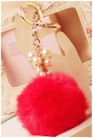 Dangle Charm unique Gift Cute Fluffy Ball Pearls Keychain Car Gift Accessory Handbag Purse Bag Charm Keyring for Women Ladies Girls Love Birthday Present Love Gift Rose Red