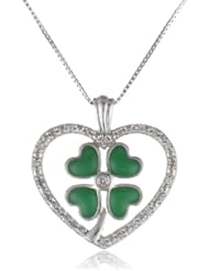 10k White Gold Green Enamel Four-Leaf Clover with Diamond Heart Pendant Necklace (0.07 Cttw I-J Color, I2-I3 Clarity), 18"