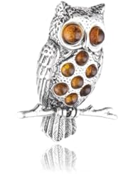 Sterling Silver and Honey Amber Owl Pin