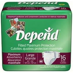 Depend Fitted Maximum Protection Briefs (Formerly Overnite) Size Large Case/64 (4 bags of 16)