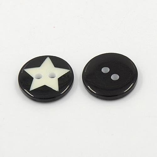 Pandahall 200pcs 2-Hole Plastic Buttons, Flat Round with Star, Black, 15x2.5mm, Hole: 2mm