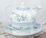 Victorian Shabby Chic Blue Flower Teapot & Cup - Tea for One Tea Pot Cup Set