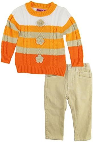 Titicos Babies Baby Girls Pastel Floral Stripes Cardigan Sweater 2Pc Pant Set, Orange, 18-24 Months