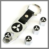 Mitsubishi Silver Logo Tire Valve Caps with Wrench Key Chain