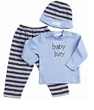 Elegant Baby Chocolate w/ blue dots 3-piece fashion set; legging, long sleeve tee and cap, small 0-6