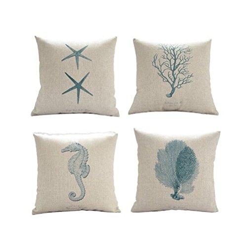 Buy Cheap Cotton and Flax Ocean Park Theme Decorative Pillow Cover Case D 18″ X 18″ Square Shape-ocean-beach-sea-print-green-starfish-seahorse-voyage (Four-piece)