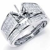 1.14Ct.T.W. Princess Cut Diamonds, 14K White Gold. Diamond Wedding Ring Set, Semi-Mount Setting