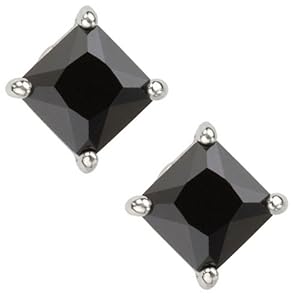 Black Princess Cut Square Diamond CZ Basket Set Silver Men Unisex Stud Earrings (5mm 0.75ct.)