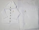 Knitted on Hand Knitting Machine White Chenille Finished By Hand Crochet Infant Boys and Girls Cardigan Hat Set Trimmed with Customer Chosen Ivory Monogram Letter and Matching Large 32 Inch By 46 Inch Blanket