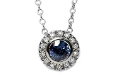 14K White Gold 16 Cable-Chain Round-Shape Sapphire Semi-Precious Stone Necklace, Set with a Sliding Pendant, Surrounded by Pave Set Diamonds.