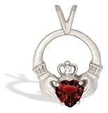 14K White Gold Genuine Heart Garnet and Diamond Celtic Claddagh Pendant