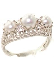 Solid 925 Sterling Silver Genuine Natural Pearl English Filigree Trilogy Ring - Finger Sizes 4 to 12 Available