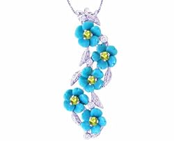 14K White Gold Cascading Turquoiseuoise Blossom Gemstone and Diamond Pendant-Multi Turquoise-Peridot , Chain- NOT included