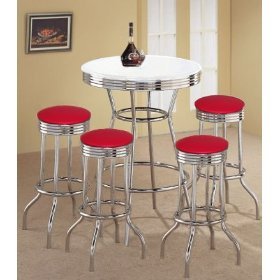 MAN CAVE 4 Red Vinyl Barstools and White Table Set by The Furniture Cove