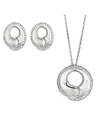 BRI Jewelry Sterling Silver Round Open Bypass Shape With Clear Cubic Zirconia Set - Pendant - Earring