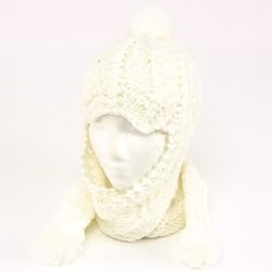 Winter Handmade Hand Knit Trooper Trapper with Scarf Winter Ski Pom Pom Hat White
