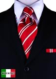 Woven Silk Mens Necktie + Pocket Square Hand Made in Italy By Valenti Ties and Hanky Set Red Stripe