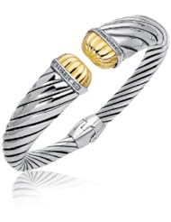 18K Yellow Gold and Sterling Silver Diamond Decorated Cuff Bangle (.12 ct. tw.)