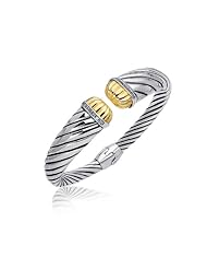 18K Yellow Gold and Sterling Silver Diamond Decorated Cuff Bangle (.12 ct. tw.)