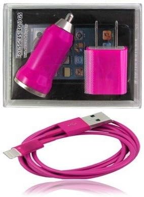 Replacement Aftermarket IPhone 6, 6 Plus, 5, 5s, 5c, Itouch 5 - USB 3 in 1 Car Charger Adapter + Travel Home Wall Charger Adapter + USB Lightning Data Sync and Charge Cable Pink