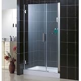 Unidoor Frameless 46-47 x 72 Adjustable Shower Door with Glass Shelves Hardware Finish: Chrome