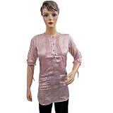 Women Party Wear Buttons Bodice Tunic Sleeves Satin Tunic Blouse Top Violet S