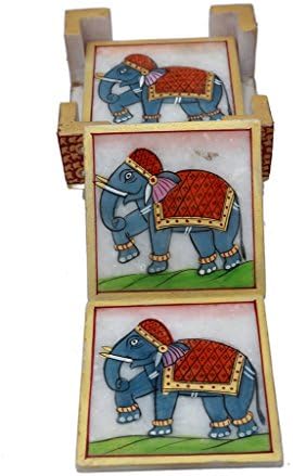 HD Techno Crafts Indian Rajasthani Marble Square Elephant Coaster 4 inch