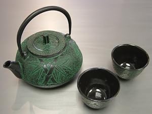 Japanese Cast Iron Tea Pot Cup Set Green Bamboo