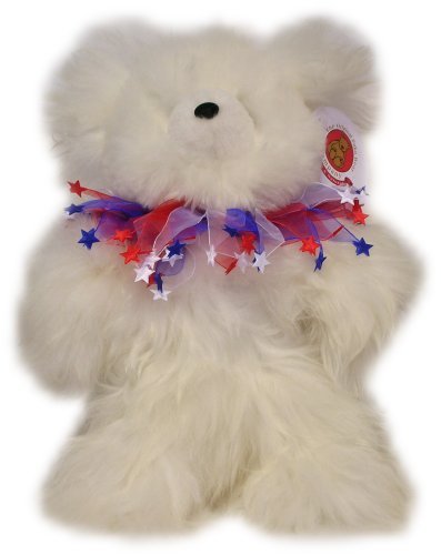 Alpaca Bear. Genuine Light Colored Alpaca Teddy Bear With Patriotic Collar. 14 Inches high.