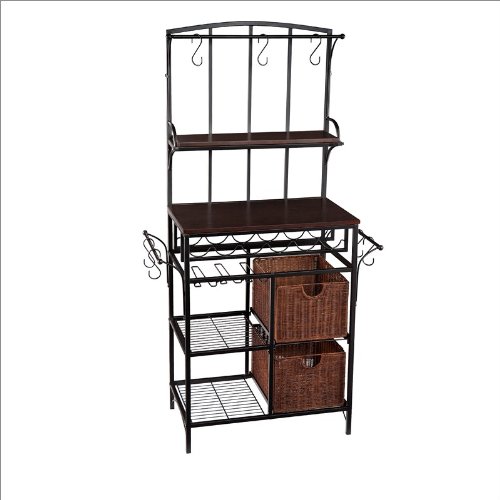 Southern Enterprises Metal Storage and Wine Rack with Rattan Storage Baskets