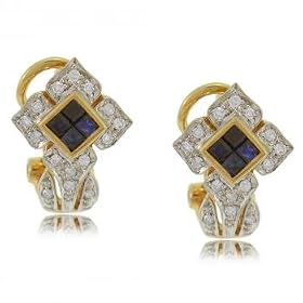 14k Two Tone Gold Earrings w Blue Sapphires & Diamonds