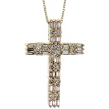 14ct Gold 18 in. Thin Box Chain & 1 1/8 in. (29mm) tall Diamond Cross Pendant, w/ 1.18 Total Carats Baguette & Brilliant Cut Diamonds