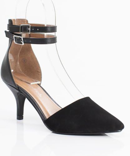 City Classified Tatum-H Kitten Heel Pointy Toe Wrap Around Ankle Strap Single Heel Pump BLACK (6)