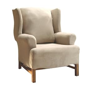 Stretch Suede Wing Chair Slipcover - Oatmeal by -