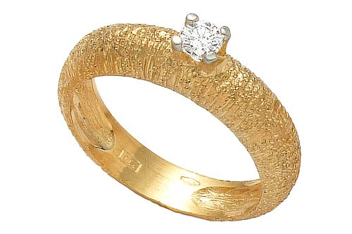 14K Yellow Gold Hand-Crafted Matte-Finish Textured Band, Enhanced with a Solitaire Prong Set Diamond.
