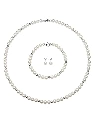 6-7mm White Freshwater Pearl and Sterling Silver Bead Necklace, Bracelet, and Dangle Earring Set in Gift Box
