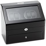 Diplomat Black Wood Quad Watch Winder with Black Leather Interior and 4 Program Settings
