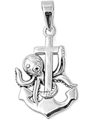 Sterling Silver Octopus Anchor Cross Ship Pendant Unique Charm Pure 925 New 20mm with 0.8mm Snake Chain