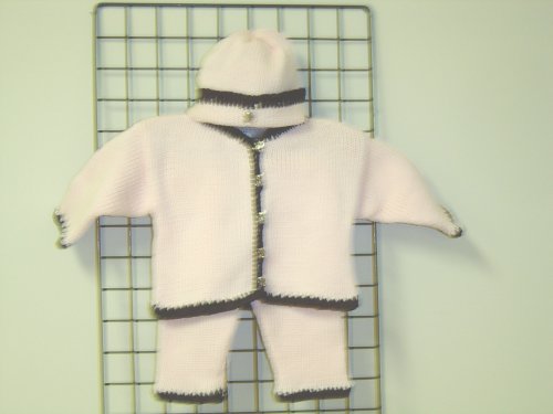 Cpk601pb, Knitted on Hand Knitting Machine Then Finished By Hand Crochet Infant Girls Outfit, Containing Baby Pink Cotton Crocheted Dark Brown Chenille Trim Cardigan Sweater, Pant, Hat Set.