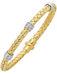 Silver Yellow Plated Polish 7.25" 4.8mm Basketweave Bangle With 0.08Ct Diamond Ring And Fancy Clasp