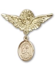 14K Gold Baby Badge with St. Isaac Jogues Charm and Angel with Wings Badge Pin